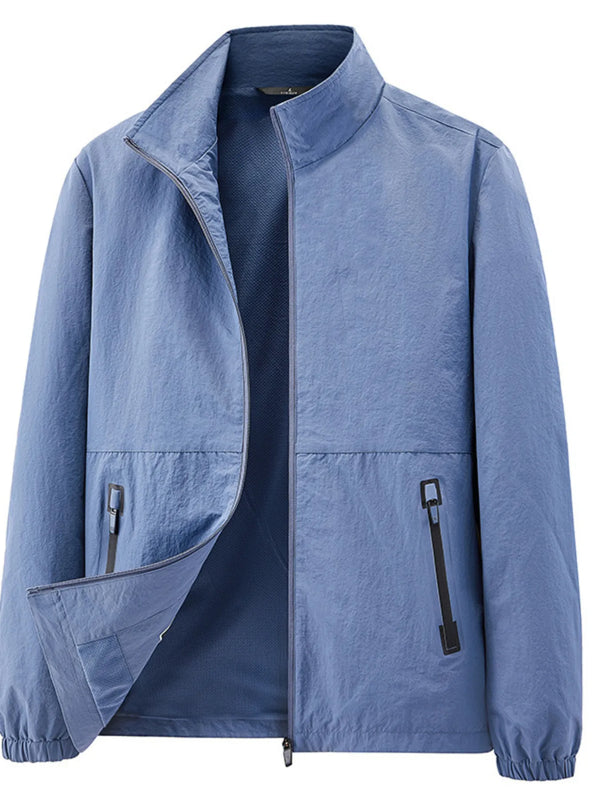 Blue zip-front jacket displayed alone with one front panel turned back