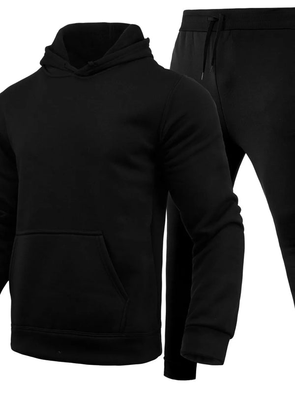 Black pullover hoodie and drawstring pants set shown together on a white background.