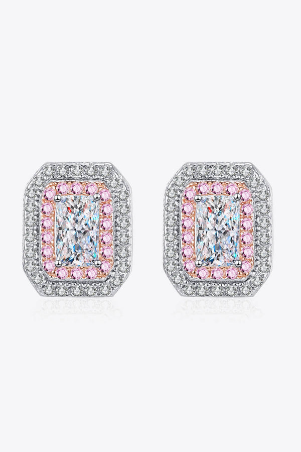 Front view of rectangular stud earrings with clear centres and pink stone borders