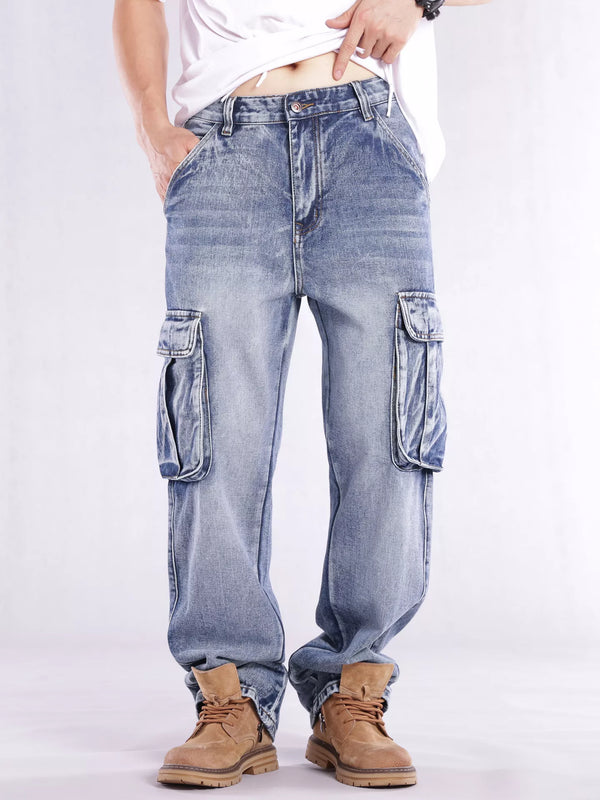 Front view of men's loose light-blue cargo jeans with large flap thigh pockets