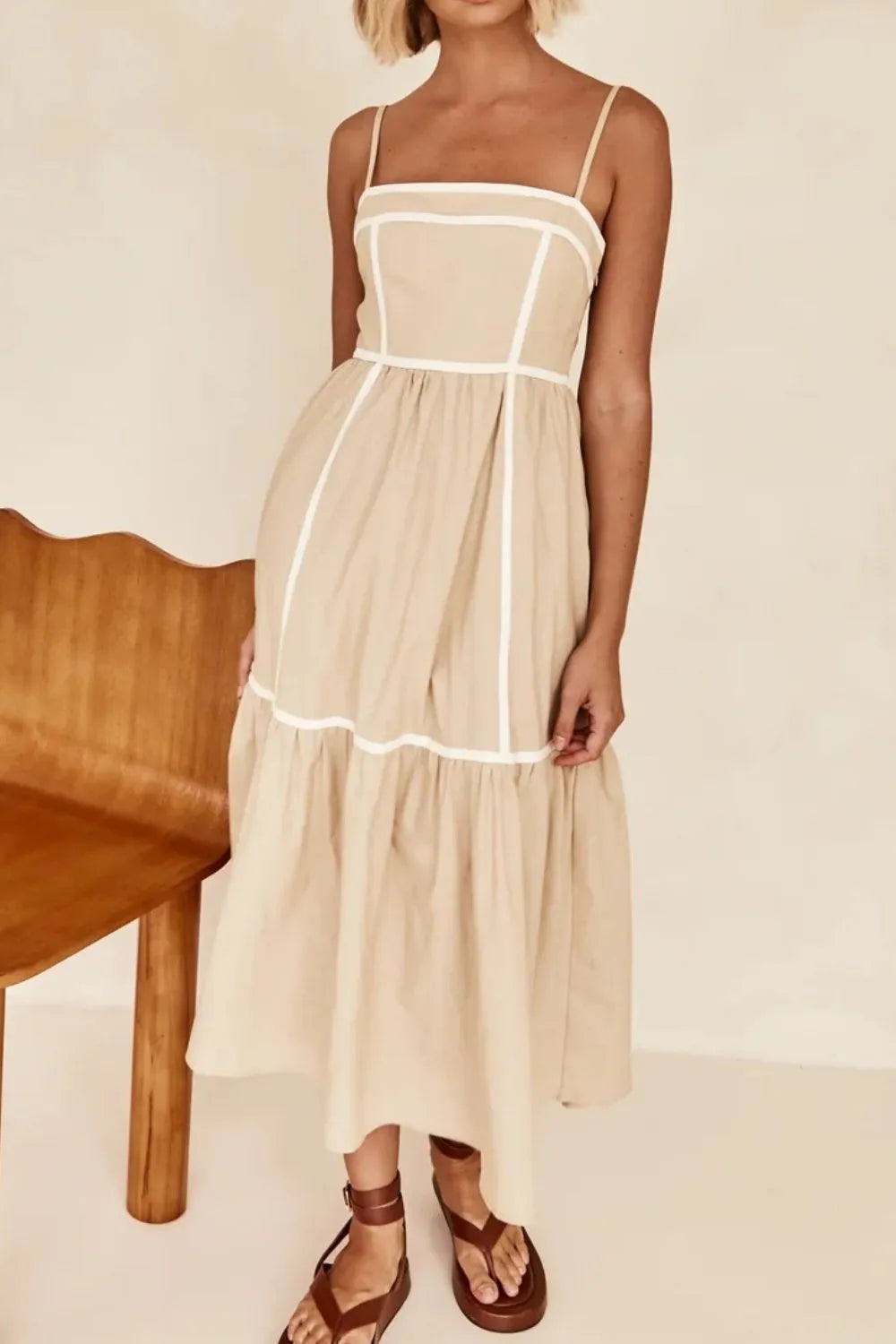 contrast trim square neck midi cami dress in tan