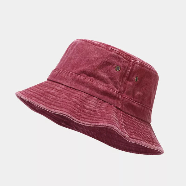 Wine red washed cotton bucket hat shown from the side