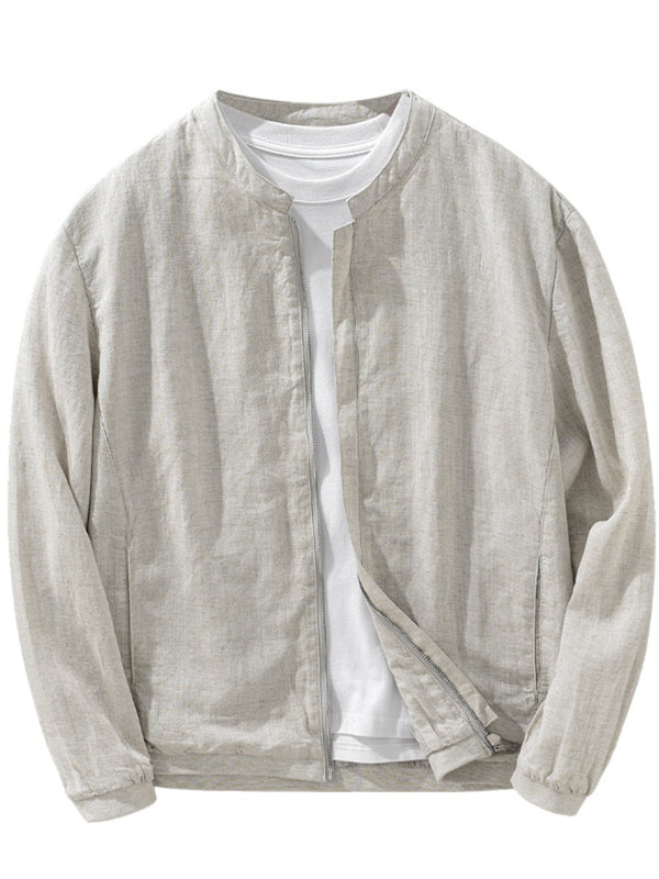 Light gray zip-up jacket on a hanger, front view