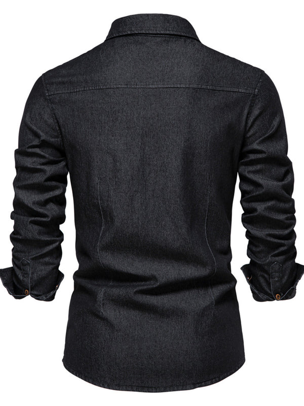 Men's plus size button-up cotton denim shirt with chest pocket, side view