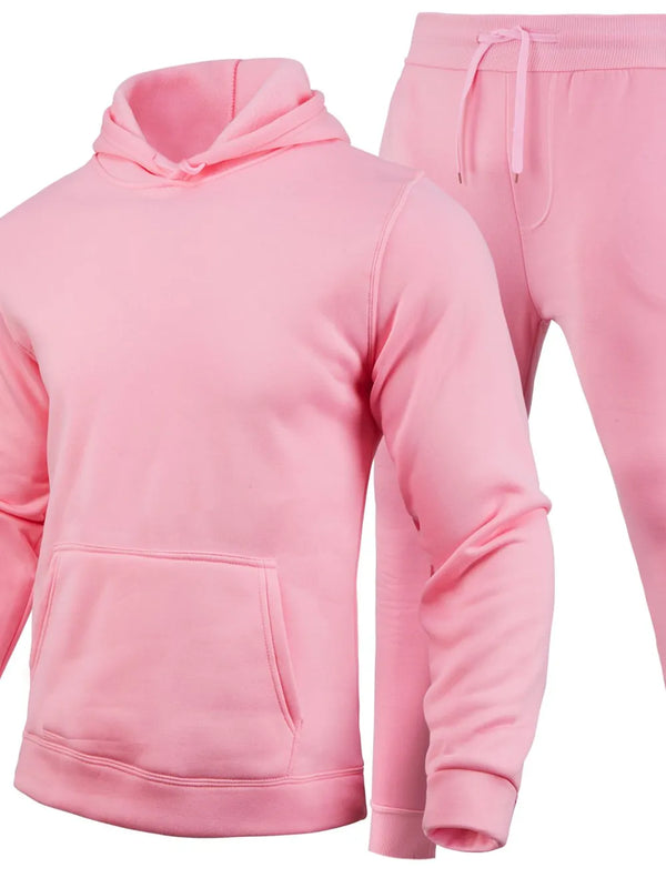Pink hoodie and drawstring pants set shown together on a white background.