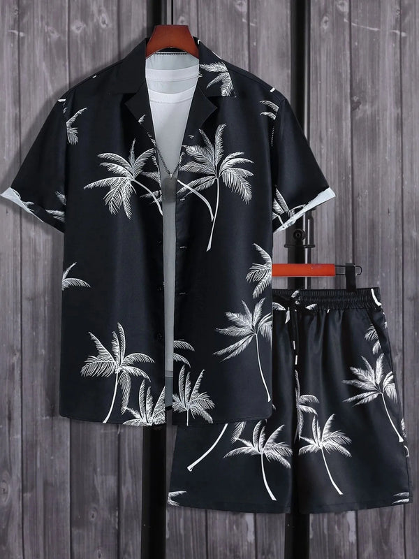 Black palm-print button-up shirt and matching shorts, front view