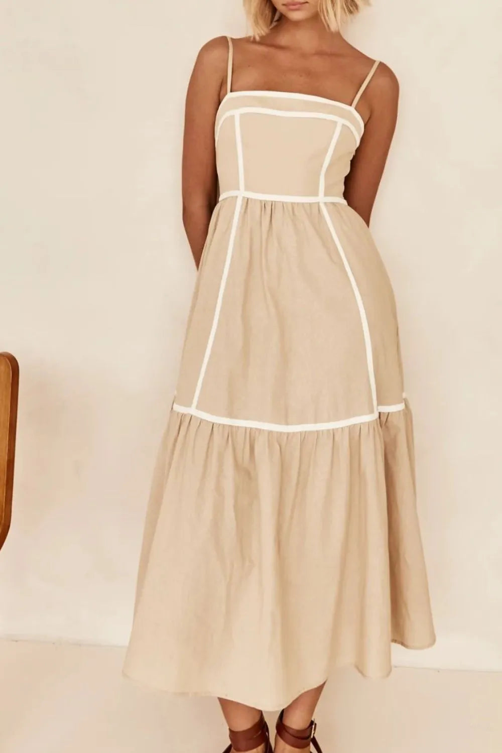contrast trim square neck midi cami dress in tan, additional view