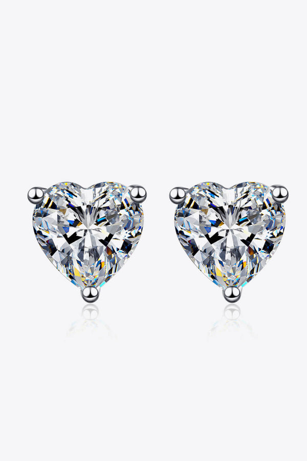 2 Carat Moissanite Heart-Shaped Stud Earrings — Pair of heart-shaped moissanite stud earrings on a white background