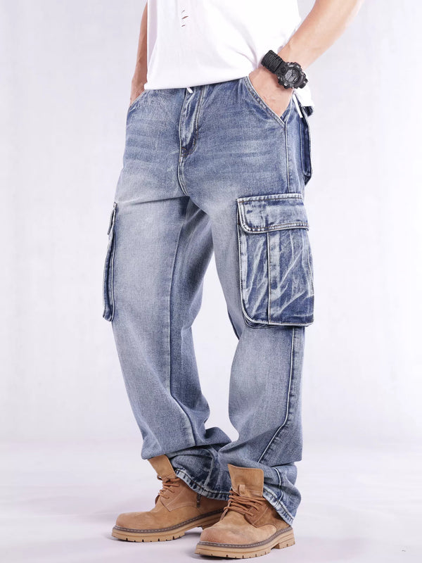 Angled front view of light-blue cargo jeans showing pleated side pockets