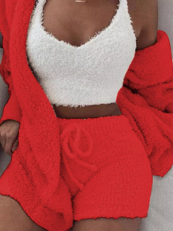 Red three-piece fuzzy lounge set with crop top, cardigan and shorts