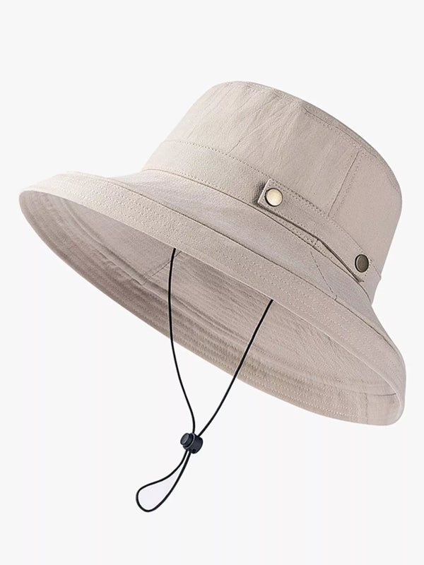 Khaki wide-brim sun hat with detachable black chin cord and toggle