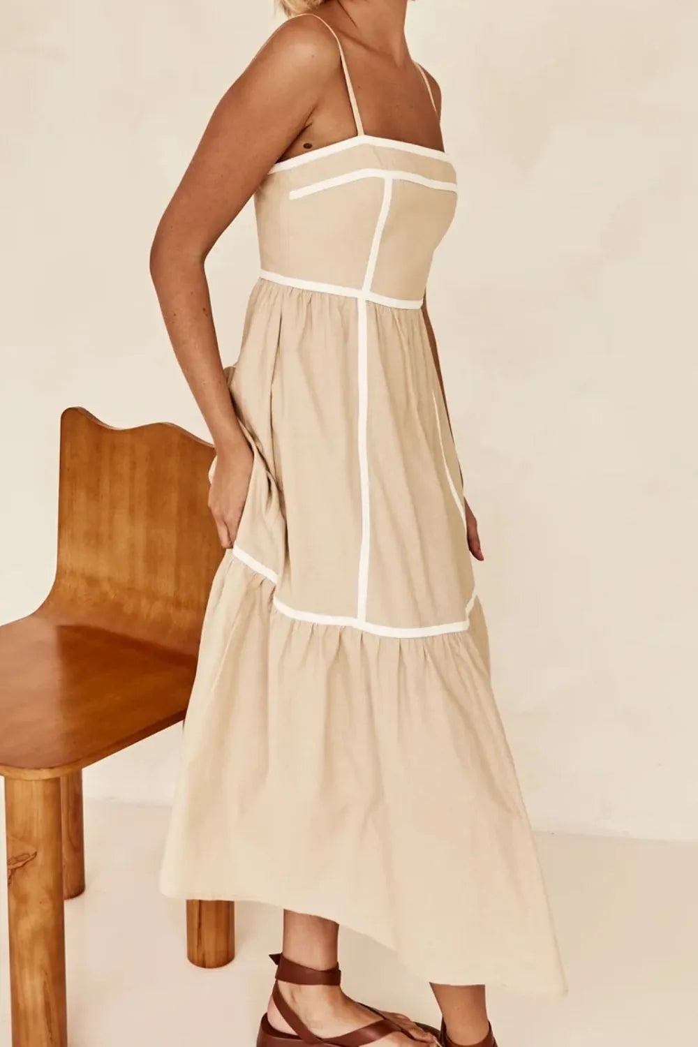 contrast trim square neck midi cami dress in tan, alternate angle