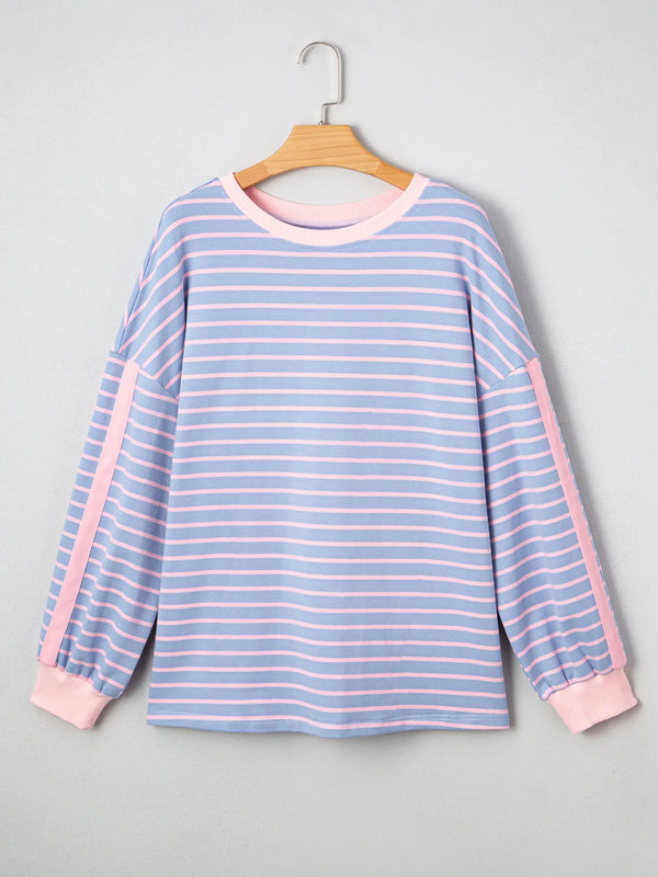 Front product view of blue striped sweatshirt with pink trim