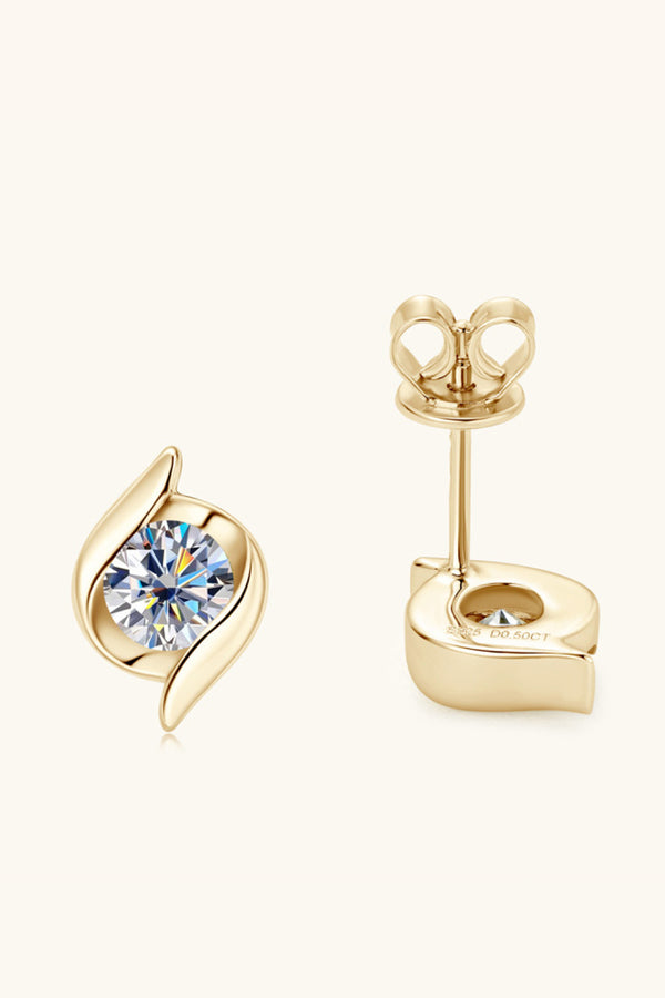 Back view of gold-tone curved leaf moissanite stud earring and post