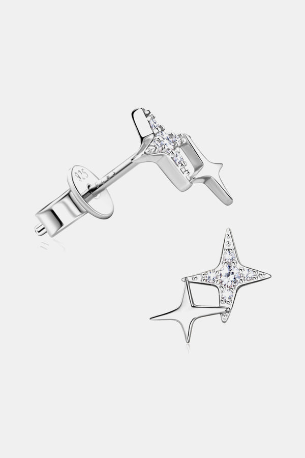 Silver-tone star-shaped stud earrings showing their posts and butterfly backs