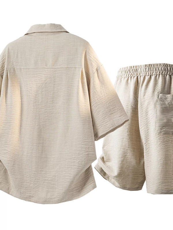 Beige shirt and shorts set displayed from the back.