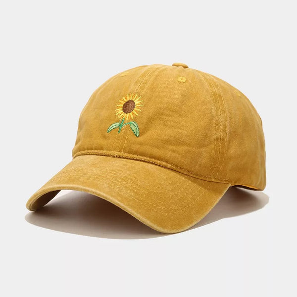 Yellow sunflower embroidered baseball cap shown from the front