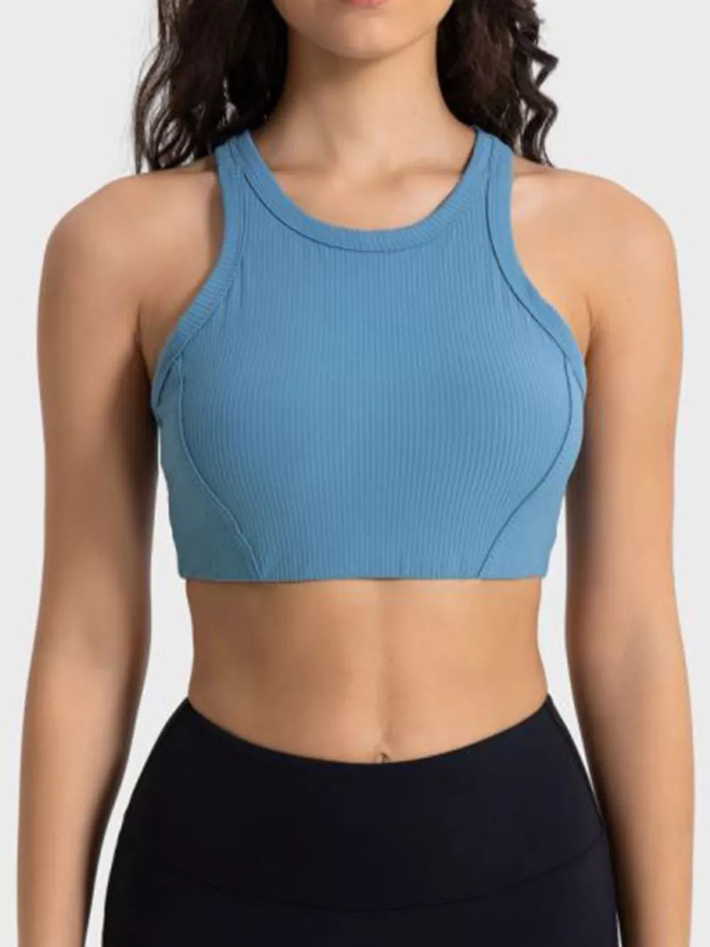Blue wide-strap cropped sport tank, front view