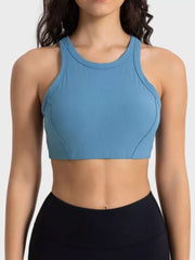 Blue wide-strap cropped sport tank, front view