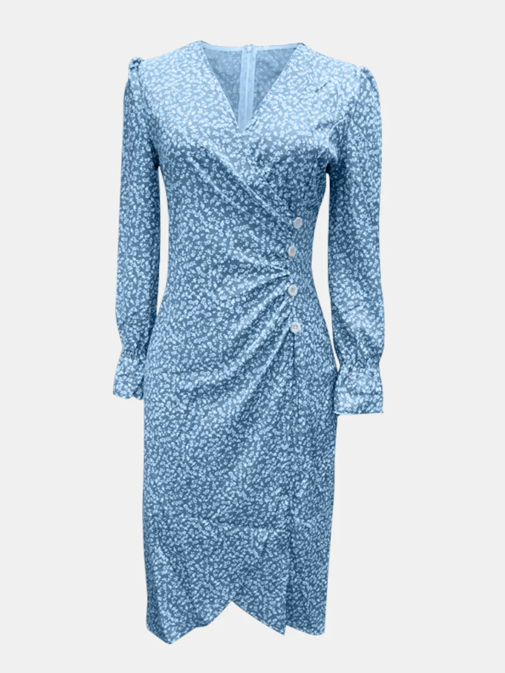 Front view of blue printed dress showing surplice bodice and midi hem
