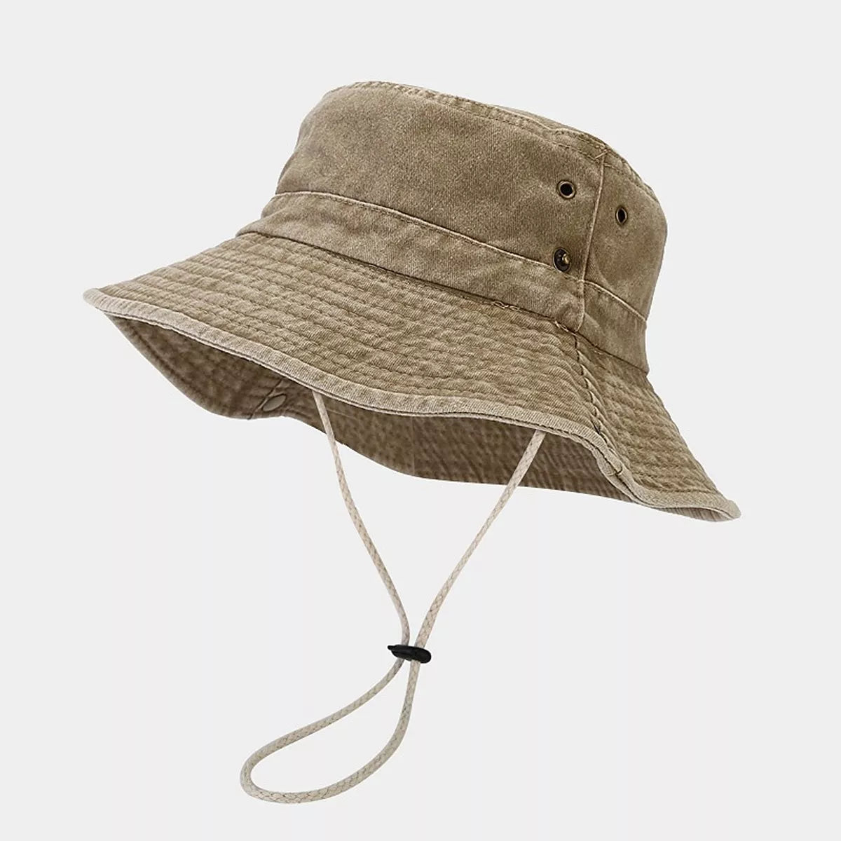 Side view of camel bucket hat with wide brim and chin cord