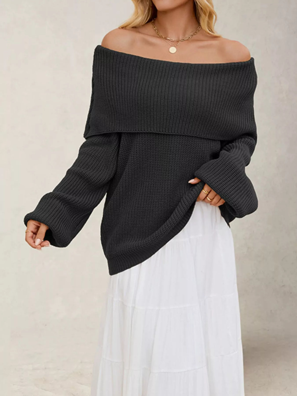 Charcoal off-shoulder sweater with long sleeves