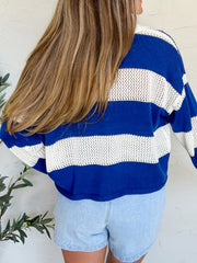 Back view of striped crochet-knit cover-up