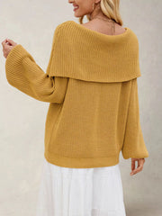 Back view of mustard off-shoulder sweater