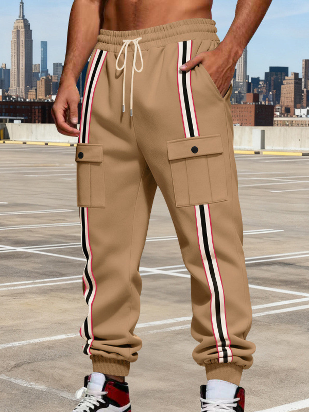 Rear view of tan joggers with a single back pocket