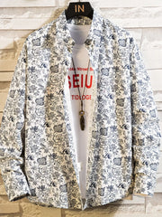 White shirt with small gray floral print, front view