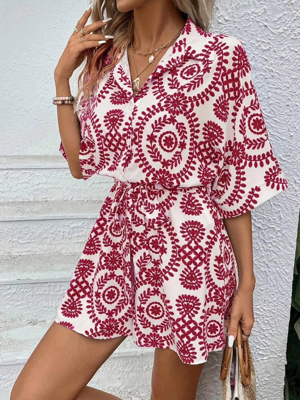 Women's printed tie-waist button-front romper, red-and-white print side view