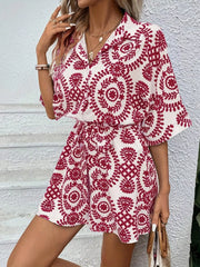 Women's printed tie-waist button-front romper, red-and-white print side view