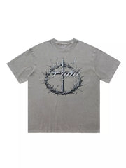 Light gray graphic T-shirt shown flat, front view
