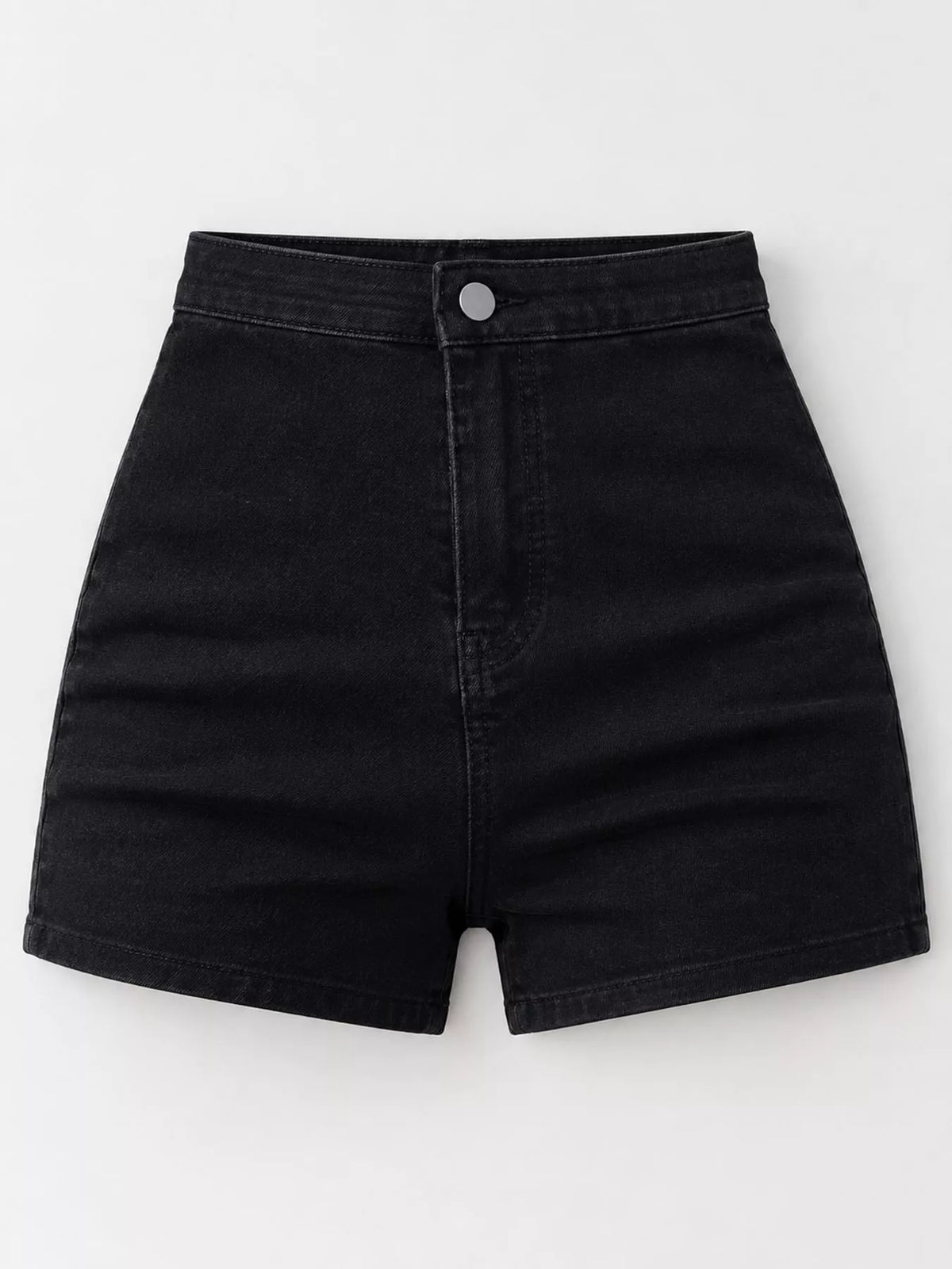 Front view of black high-waisted denim shorts on white background