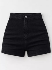 Front view of black high-waisted denim shorts on white background