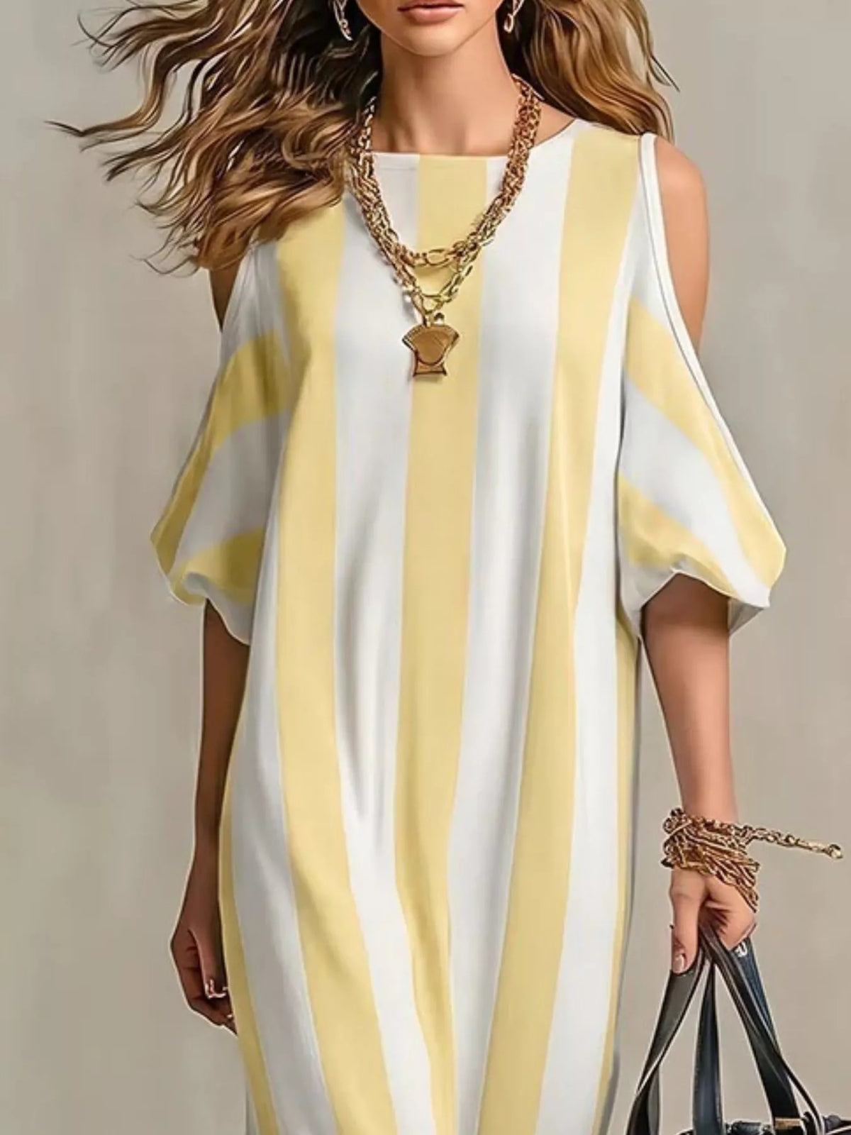 Close front view of yellow striped maxi dress with shoulder cutouts
