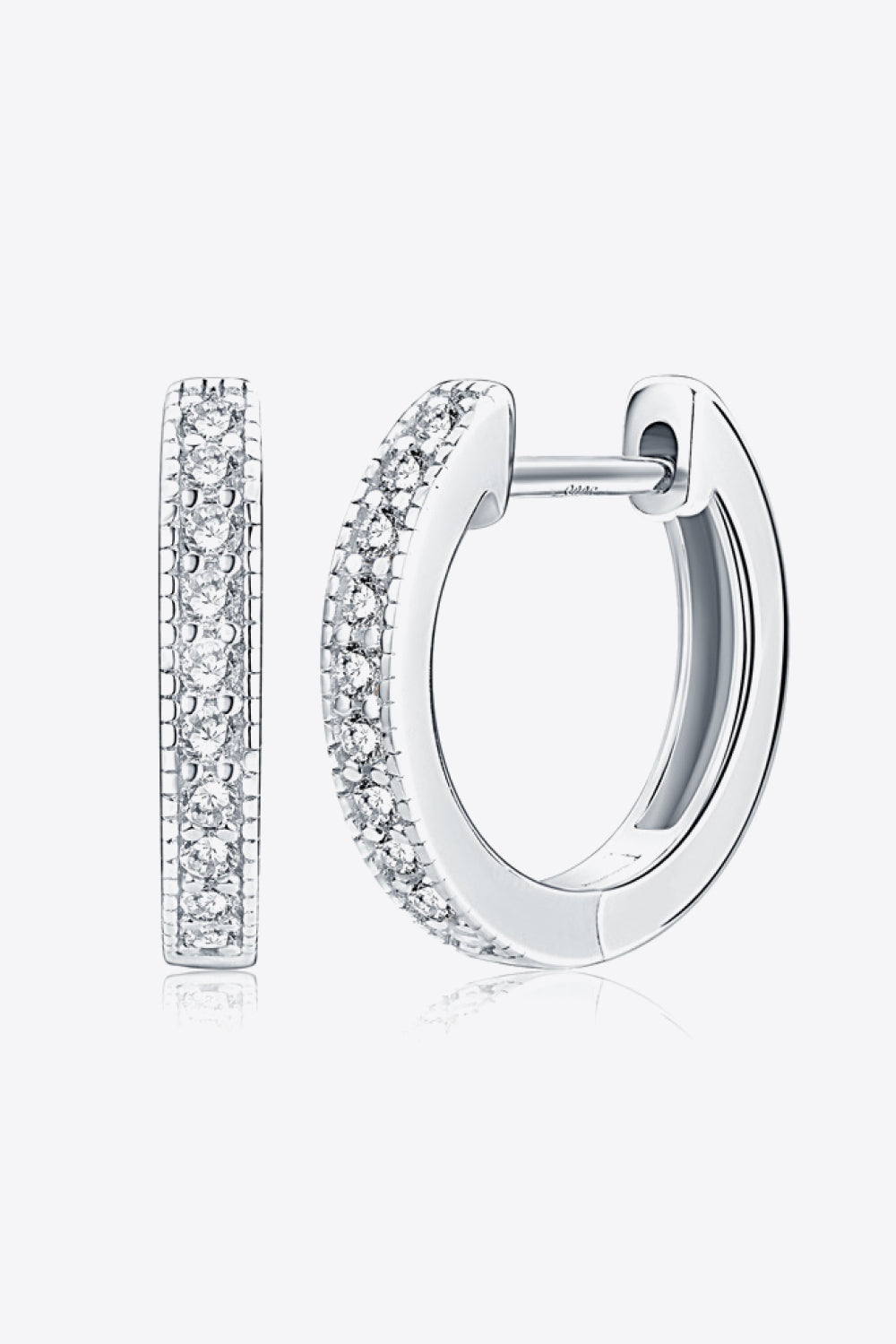 Silver-tone hoop earrings with clear stones along the front, shown open and closed