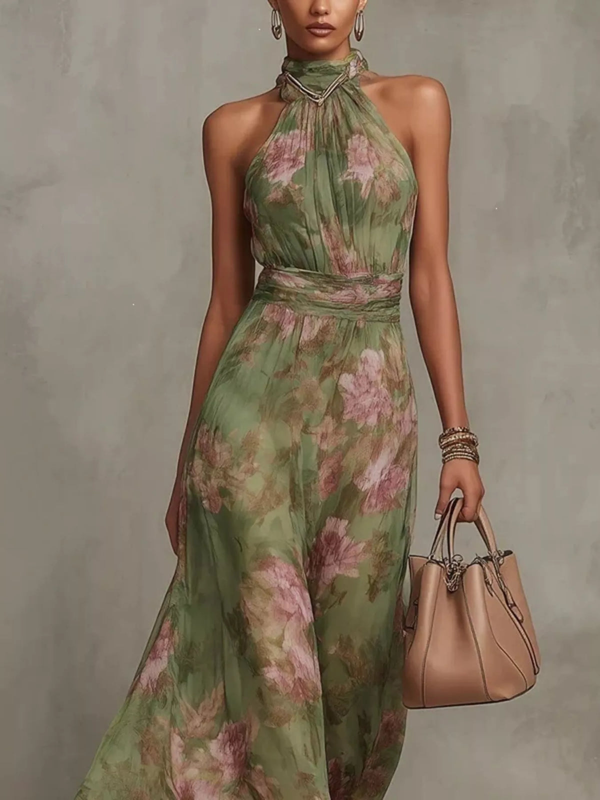 Front view of the green floral sleeveless maxi dress with a long tiered skirt.