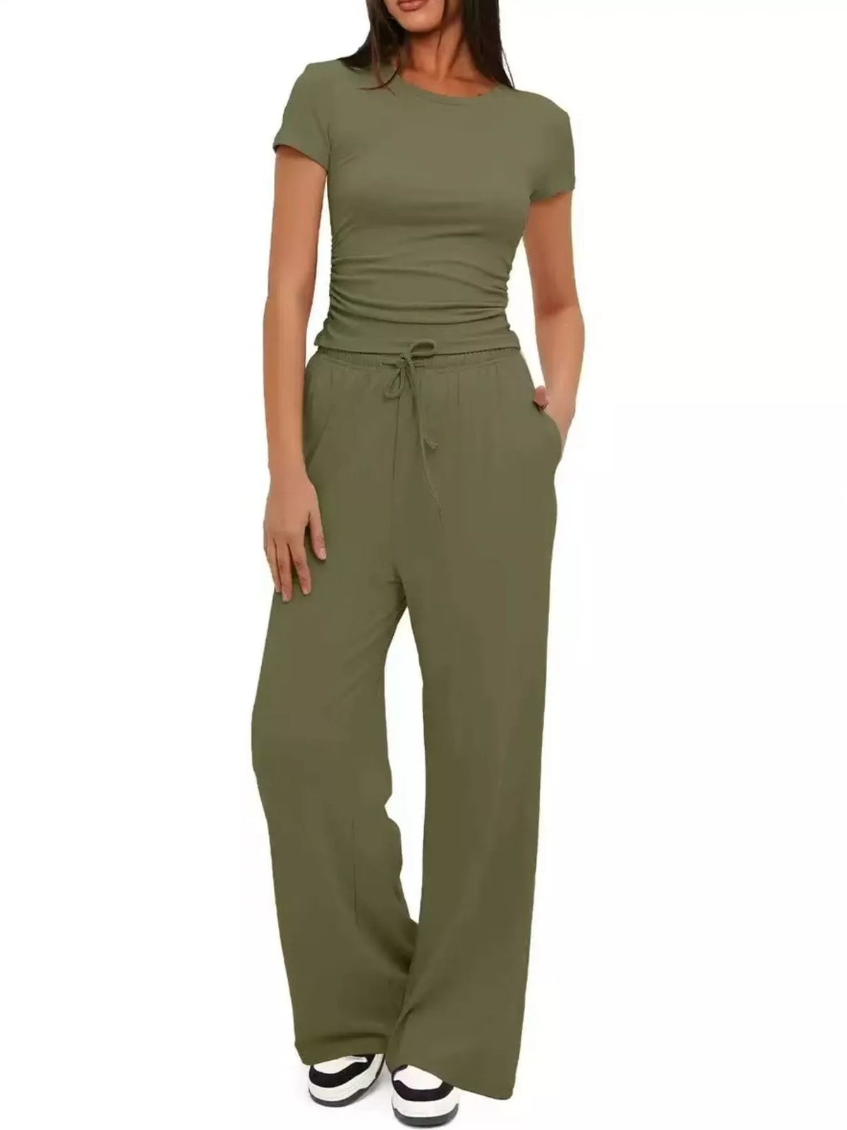 Front view of the olive-green tank and wide-leg pants set.