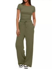 Front view of the olive-green tank and wide-leg pants set.