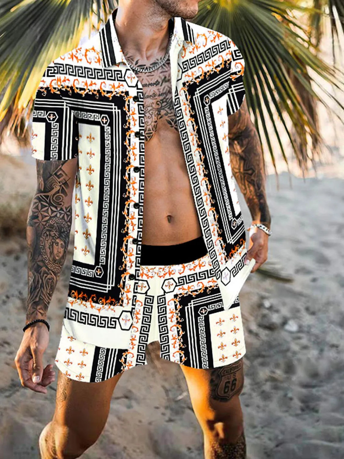 Model wearing white, black and orange geometric-print shirt and shorts