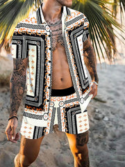 Model wearing white, black and orange geometric-print shirt and shorts