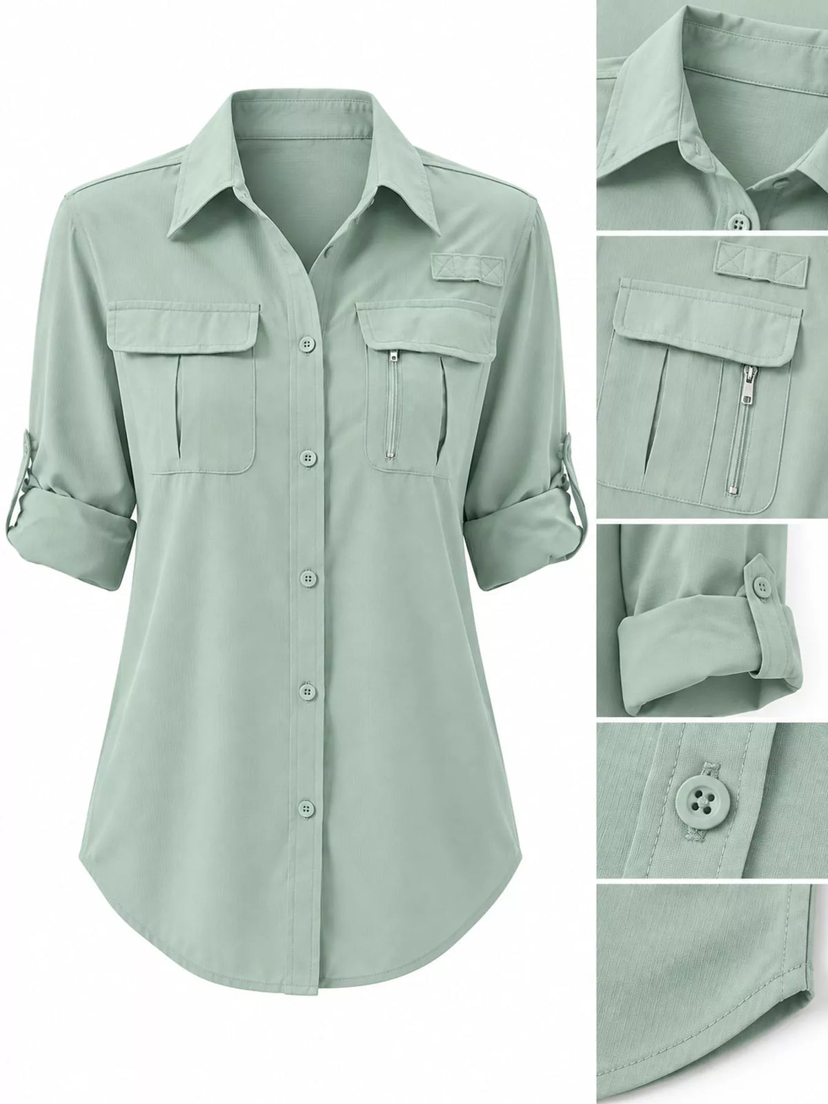 Sage green button-down shirt with chest pockets, zip pocket and rolled sleeve details