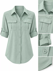 Sage green button-down shirt with chest pockets, zip pocket and rolled sleeve details