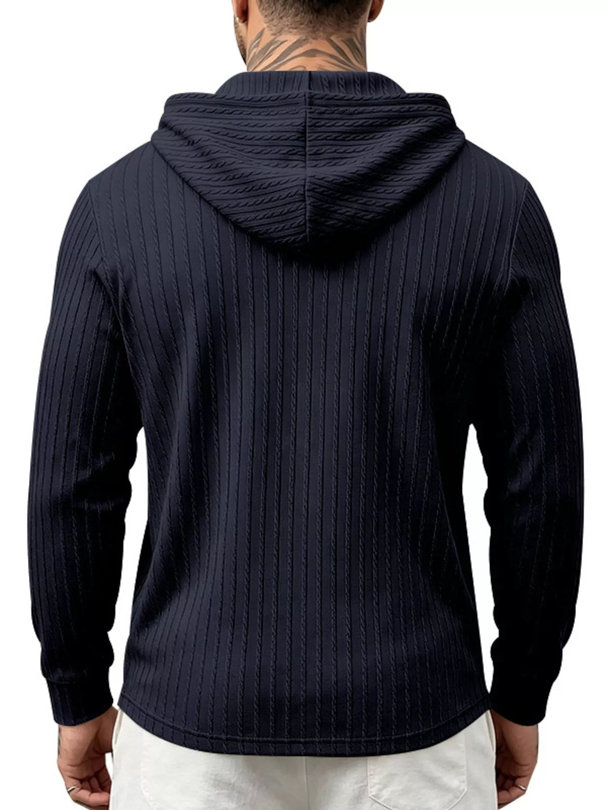 Back view of navy hoodie with textured hood