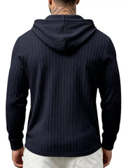 Back view of navy hoodie with textured hood