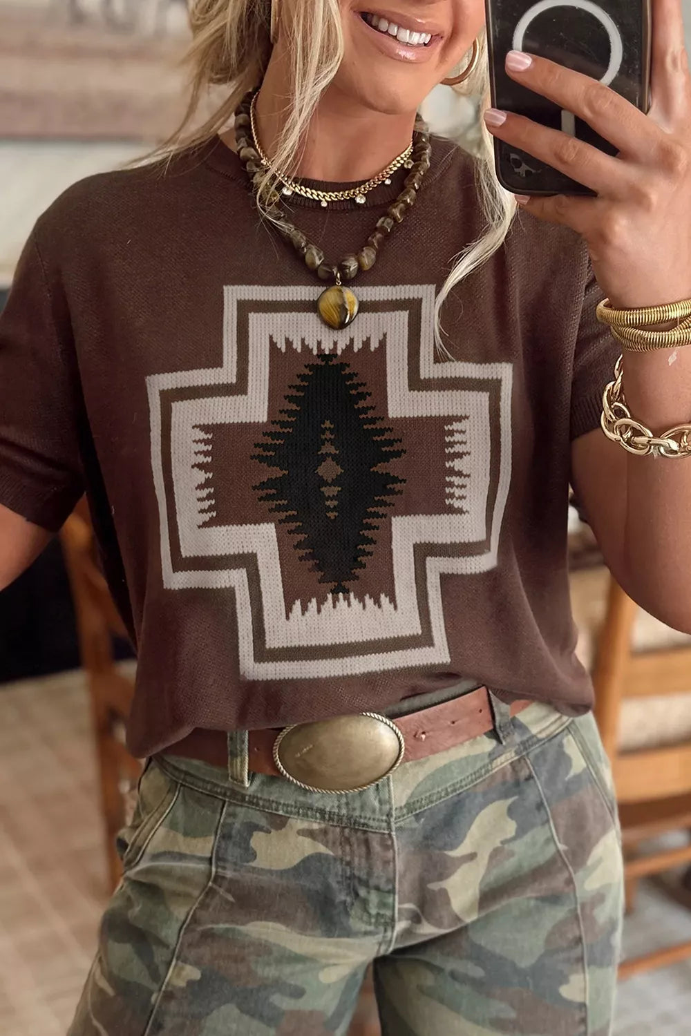 Front view of brown western graphic short-sleeve knit top