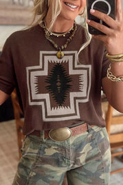 Front view of brown western graphic short-sleeve knit top