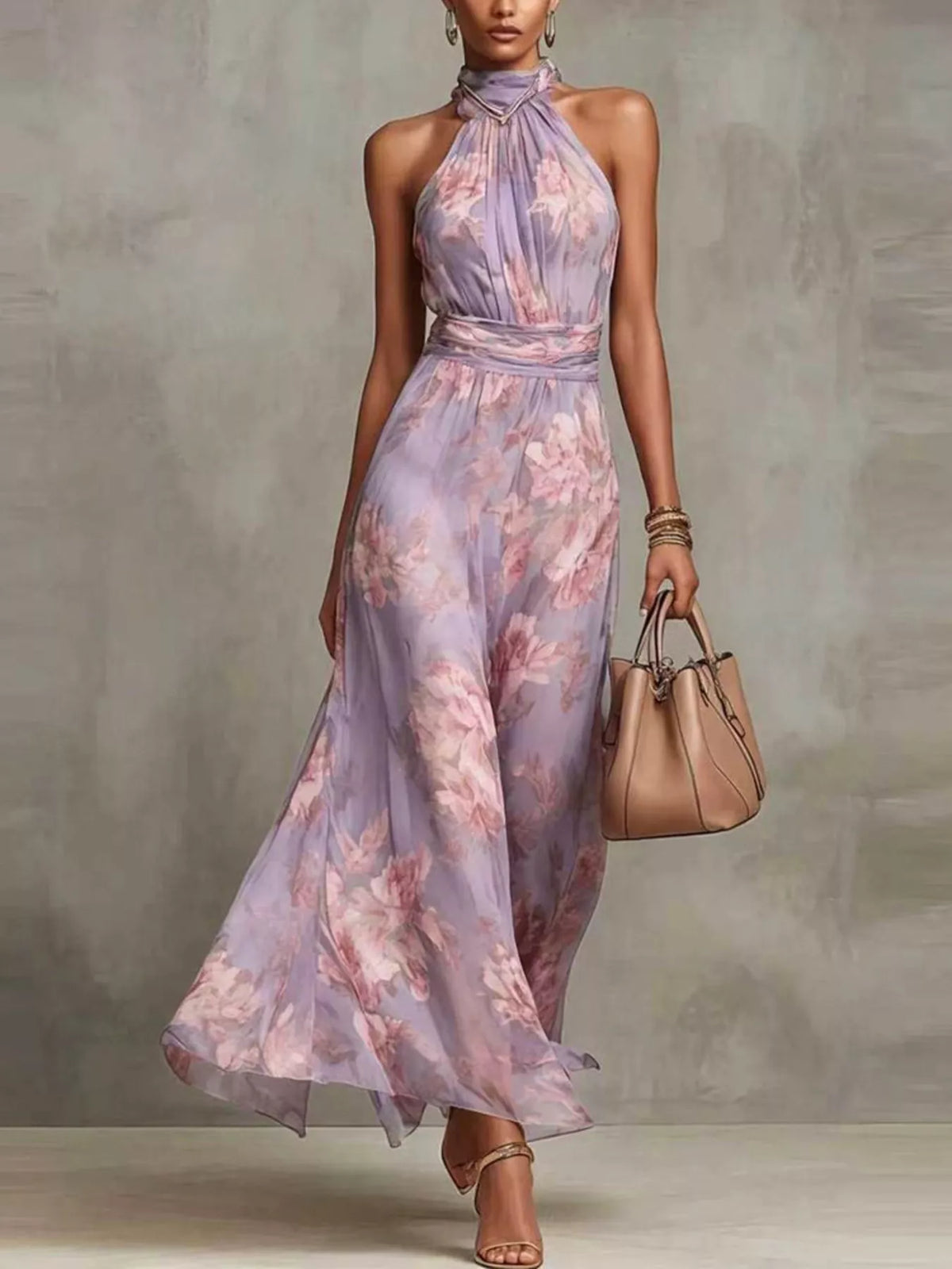 Model wearing a lavender floral sleeveless tiered maxi dress.