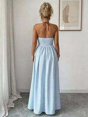 Back view of light blue halter maxi dress with gathered back and neck ties